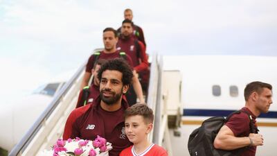 A handout photo made available by the UEFA of Liverpool's Mohamed Salah (front L) arriving ahead of the UEFA Champions League final at IEV Airport in Kiev, Ukraine. EPA / UEFA / HANDOUT