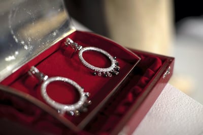 A pair of earrings which were a gift from Oprah Winfrey to Janet Jackson on display during an auction preview at Julien's Auctions in Beverly Hills, California. Reuters