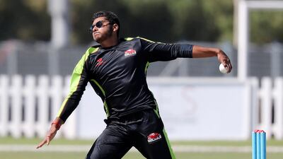 Hassan Khalid during Qalandars' training session for the Abu Dhabi T10 at the Sheikh Zayed Cricket Stadium in November. Pawan Singh / The National