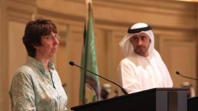 Sheikh Abdullah, the Foreign Minister, is joined by Catherine Ashton, the EU representative for foreign affairs and security policy, at a press conference after the GCC-EU meeting in Abu Dhabi yesterday.