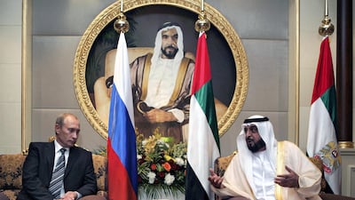 Sheikh Khalifa bin Zayed and Russian President Vladimir Putin engage in talks at the Mushrif Palace in Abu Dhabi in 2007. AFP Photo