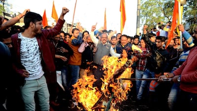 Indian Rajput community members protest and burn the effigy of Sanjay Leela Bhansali, the director of Bollywood movie 'Padmavat'. The movie is facing protest by Rajput groups in several states of India, with protesters claiming historical inaccuracies and called for the film to be banned. Sanjeev Gupta / EPA