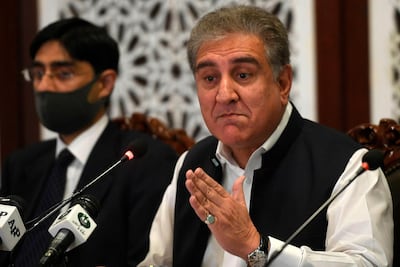 Pakistan's Foreign Minister Shah Mahmood Qureshi holds a press conference at the Foreign Ministry in Islamabad on August 24, 2020. AFP