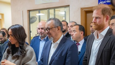 Prince Harry, Duke of Sussex, and Meghan, along with the WHO's Dr Tedros Adhanom Ghebreyesus, visit the national centre for rehabilitation of addicts in Jordan on February 26. Getty Images