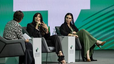 Director Nadine Labaki, centre, seen here with Music Nation chairwoman Rasha Khalifa Al Mubarak, says regional filmmakers need better funding. Antonie Robertson / The National