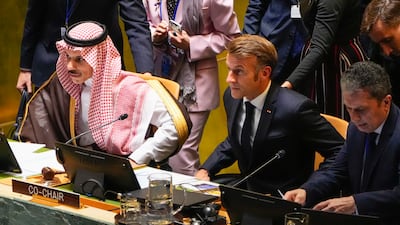 Saudi Foreign Minister Prince Faisal bin Farhan and French President Emmanuel Macron at the two-state solution conference at UN headquarters, New York, on September 22. AP Photo