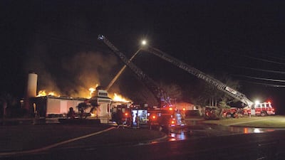 Victoria firefighters respond to a fire at the Islamic Centre of Victoria, in Victoria, Texas on January 28, 2017. Federal investigators say the fire that destroyed a South Texas mosque has been ruled arson and at this time there's no evidence of a hate crime. Barclay Fernandez/The Victoria Advocate via AP