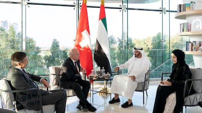 Sheikh Mohamed bin Zayed, Crown Prince of Abu Dhabi and Deputy Supreme Commander of the Armed Forces (2nd R) meets with Ueli Maurer, President of Switzerland at Youth Hub Abu Dhabi. Seen withShamma Al Mazrui, Minister of State for Youth. Mohamed Al Hammadi / Ministry of Presidential Affairs ---