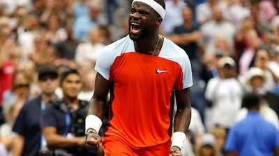 Frances Tiafoe celebrates after defeating Andrey Rublev in the US Open quarterfinals. Getty