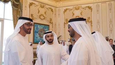 Sheikh Mohammed bin Zayed, Crown Prince of Abu Dhabi and Deputy Supreme Commander of the Armed Forces, receives Al Bayt Mitwahed members, during a Sea Palace barza. Mohamed Al Hammadi / Crown Prince Court - Abu Dhabi