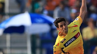 Ashish Nehra of Chennai Super Kings bowls to Kings XI Punjab at Zayed Cricket Stadium in Abu Dhabi. Ravindranath K / The National