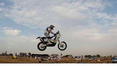 Francisco Lopez takes to the sky as he goes over a jump in the Super Special Stage of the UAE Desert Challenge in Jebel Ali. The event begins today in Abu Dhabi, with the first stage starting at the Emirates Palace.