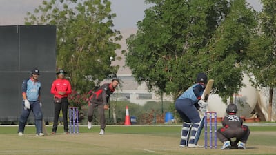 UAE's Rohan Mustafa bowls during the Cricket World Cup League Two match against Namibia at the Oman Cricket Academy ground in Al Amerat. Courtesy Oman Cricket