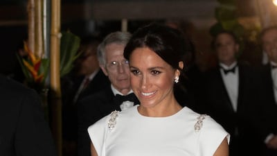 Meghan, Duchess of Sussex, wears Theia and Aquazzura heels to a state dinner in Nuku'alofa, Tonga, on October 25, 2018. AP