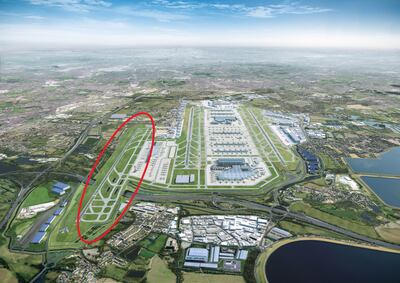The potential third runway at Heathrow, circled, would be to the north of the existing runways and would require extensive construction. The project is 'on pause'. Photo: Heathrow Airport