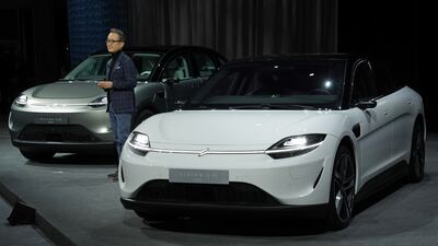 Sony chairman and president Kenichiro Yoshida introduces the Vision-S 02, an SUV prototype produced by Sony. AFP