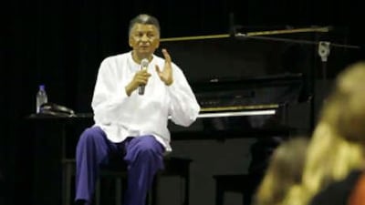 Abdullah Ibrahim performs for students at the American Community School in Abu Dhabi.