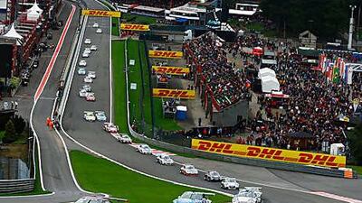 Sean Edwards of Team Abu Dhabi, the winner, leads at the start of the Porsche Supercup at Spa-Francorchamps yesterday.