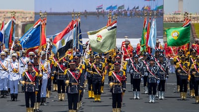 Members of the Egyptian Armed Forces participate in the inauguration of the Mohamed Naguib Military Base. Rashed Al Mansoori.