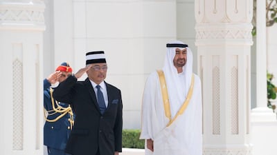 Sheikh Mohamed bin Zayed receives the King of Malaysia, Sultan Abdullah Sultan Ahmad Shah, at an official reception ceremony at Al Watan Palace. Courtesy Sheikh Mohamed bin Zayed Twitter