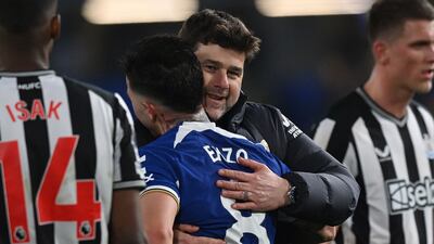 Chelsea manager Mauricio Pochettino embraces Enzo Fernandez after the win over Newcastle. AFP