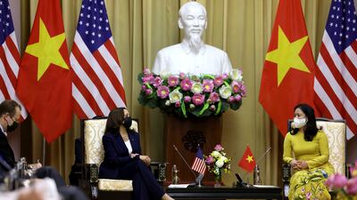 Kamala Harris meets Vietnam's Vice President Vo Thi Anh Xuan at the Presidential Palace in Hanoi, Vietnam, on August 25, 2021. AP
