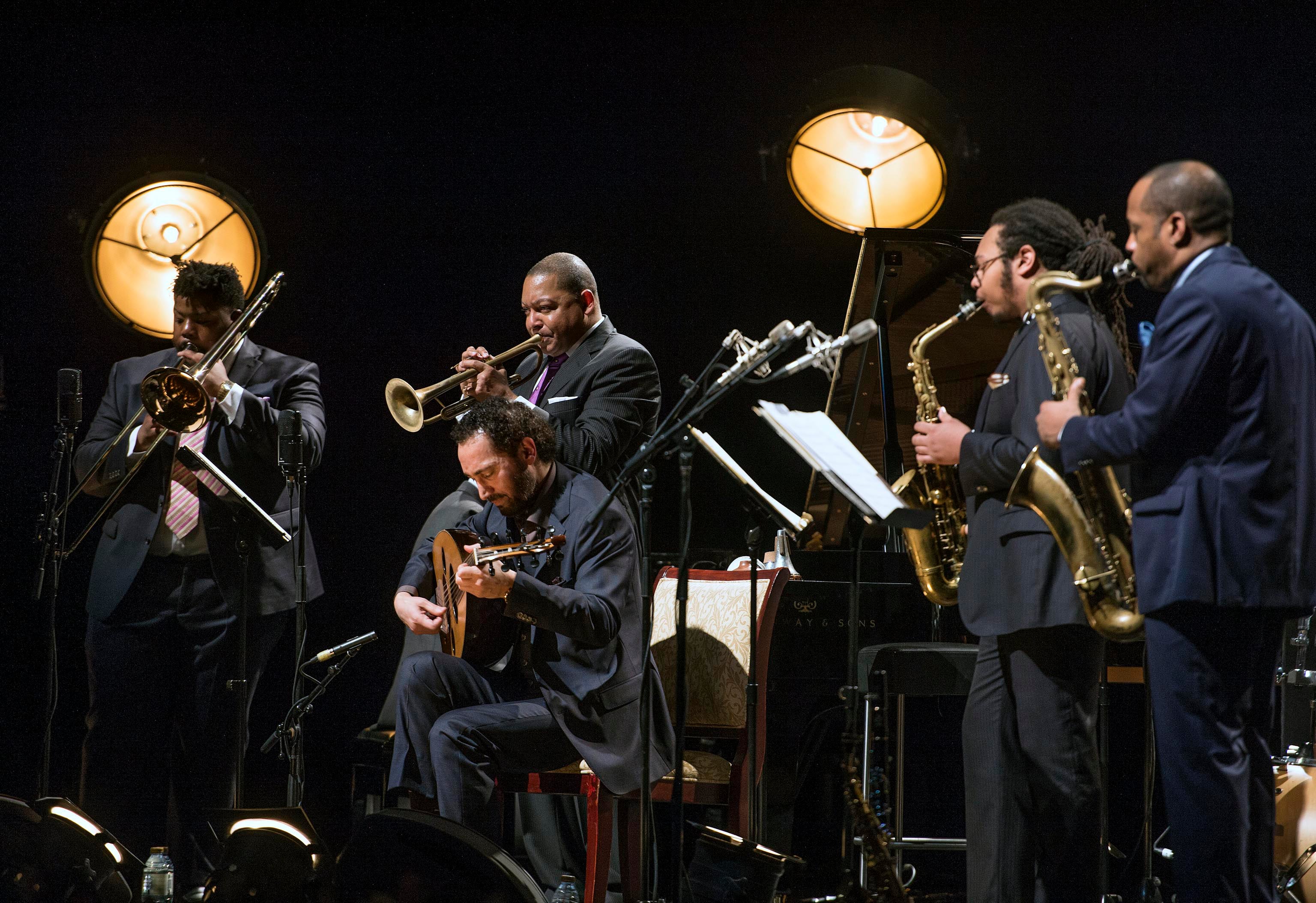 Wynton Marsalis and Naseer Shamma at the Abu Dhabi Festival in 2017. Photo: Admaf