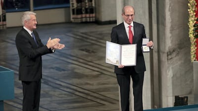 Ahmet Uzumcu, Director General of the Organisation for the Prohibiton of Chemical Weapons (OPCW), receives the 2013 Peace Nobel Prize. AFP