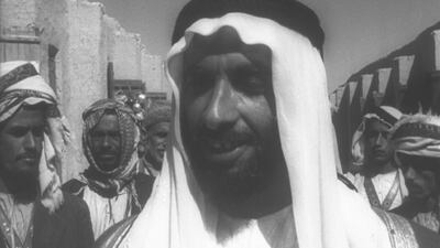 The film ‘These Are the Trucial States’ includes this shot of Sheikh Zayed, the Founding Father, in Al Ain, and footage of children learning in a crowded classroom. The documentary focuses on people at work, with no scenes of domesticity or recreation. Courtesy Imperial War Museum