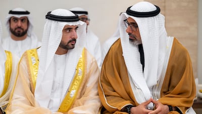 Sheikh Khaled bin Mohamed, Crown Prince of Abu Dhabi, with Sheikh Hamdan bin Mohammed, Crown Prince of Dubai, Deputy Prime Minister and Minister of Defence