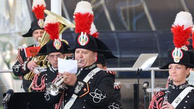 The Italian carabinieri band at the Al Wasl Plaza during the Italian Day celebrations at Expo 2020 Dubai. AFP