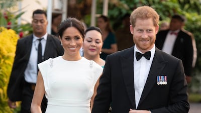 Prince Harry and Meghan, Duchess of Sussex attend a state dinner at the Royal Residence on October 25, 2018 in Nuku'alofa, Tonga. Getty Images