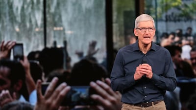 Tim Cook, chief executive officer of Apple, speaks during the event. AFP
