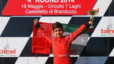 Rashid Al Dhaheri made history on Sunday when he became the youngest ever Emirati racing driver to win a race on the international stage as he powered to victory in the Birel EasyKart Trophy. Courtesy Dubai Autodrome