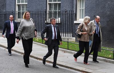 Tory rebels leaving 10 Downing Street after meetings with prime minister Boris Johnson this morning. From left to right: Stephen Hammond, Antoinette Sandbach, Richard Benyon, Margot James and Nicholas Soames. Andy Rain / EPA