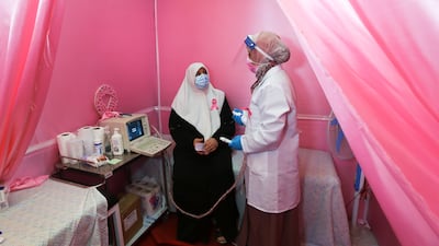 A Palestinian doctor prepares a woman for a breast cancer check-up inside a mobile clinic in Khan Yunis in the southern Gaza Strip. All photos: Reuters