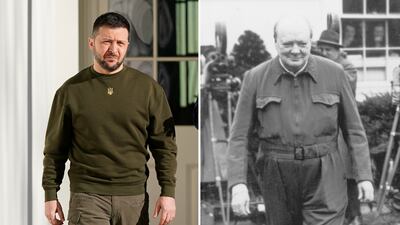 Ukrainian leader Volodymyr Zelenskyy at the White House in 2022 and British prime minister Winston Churchill at the White House in 1942. AP