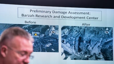 A damage assessment graphic appears behind Joint Staff director Marine Lt. Gen. Kenneth F. McKenzie Jr. as he speaks to the media about the US-led bombing campaign against Syria inside the Pentagon briefing room in Arlington, Virginia, USA, 14 April 2018. The US, France, and Britain launched strikes against Syria early Saturday morning in response to Syria's suspected chemical weapons attack. EPA/JIM LO SCALZO