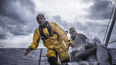 Justin Slattery, left, and Luke Parkinson, right, of Abu Dhabi Ocean Racing sailing aboard the Azzam during the first leg of the 2014/15 Volvo Ocean Race. Matt Knighton / Abu Dhabi Ocean Racing / October 13, 2014