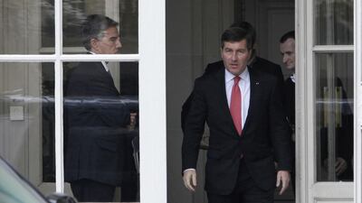US ambassador to France Charles Rivkin, right, leaves the Foreign Ministry in Paris, after he was summoned to explain why the Americans spied on one of their closest allies. Monday, Oct. 21, 2013. Claude Paris / AP