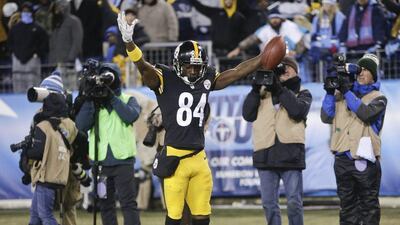 Steelers wide receiver Antonio Brown celebrates a touchdown in his team's NFL win over the Titans on Monday night in Nashville, Tennessee. Wade Payne / AP / November 17, 2014