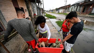 Pet rescue as a Batabano family carry a dog to a safe place. AFP