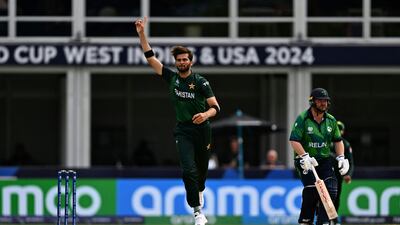Pakistan's Shaheen Afridi celebrates after he clean bowled Ireland's Andy Balbirnie. AFP