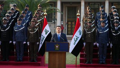 Iraqi Prime Minister Mohammed Shia Al Sudani makes a speech at the ceremony marking the anniversary of the defeat of ISIS, in Baghdad on Tuesday. AFP