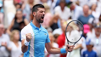 Novak Djokovic celebrates his straight sets victory over Taylor Fritz in the quarter-finals of the US Open. Getty