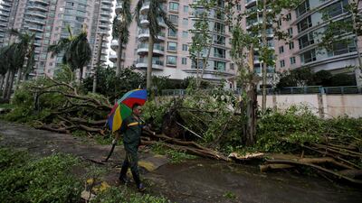 A man walks past fallen trees after Typhoon Mangkhut hit Shenzhen, Guangdong province, China. Reuters