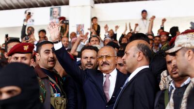Former Yemeni president Ali Abdullah Saleh waves after a speech to supporters during a rally marking the 35th anniversary of his General People's Congress party, at Sabaeen Square in the capital Sanaa on August 24, 2017. Mohammed Huwais / AFP