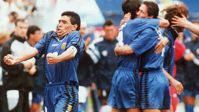Argentina's 1994 World Cup captain Diego Maradona after Argentina a goal against Greece. AFP