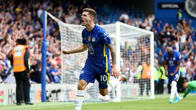 Substitute Christian Pulisic celebrates after scoring the only goal of the game in Chelsea's Premier League win over West Ham United at Stamford Bridge on Sunday, April 24, 2022. Getty