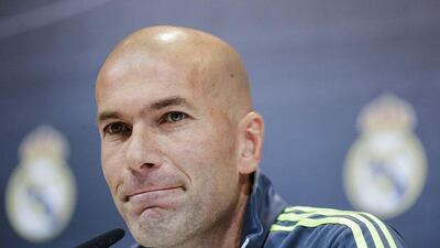 Real Madrid manager Zinedine Zidane shown at a press conference following a team training session last weekend. Emilio Naranjo / EPA / January 16, 2016